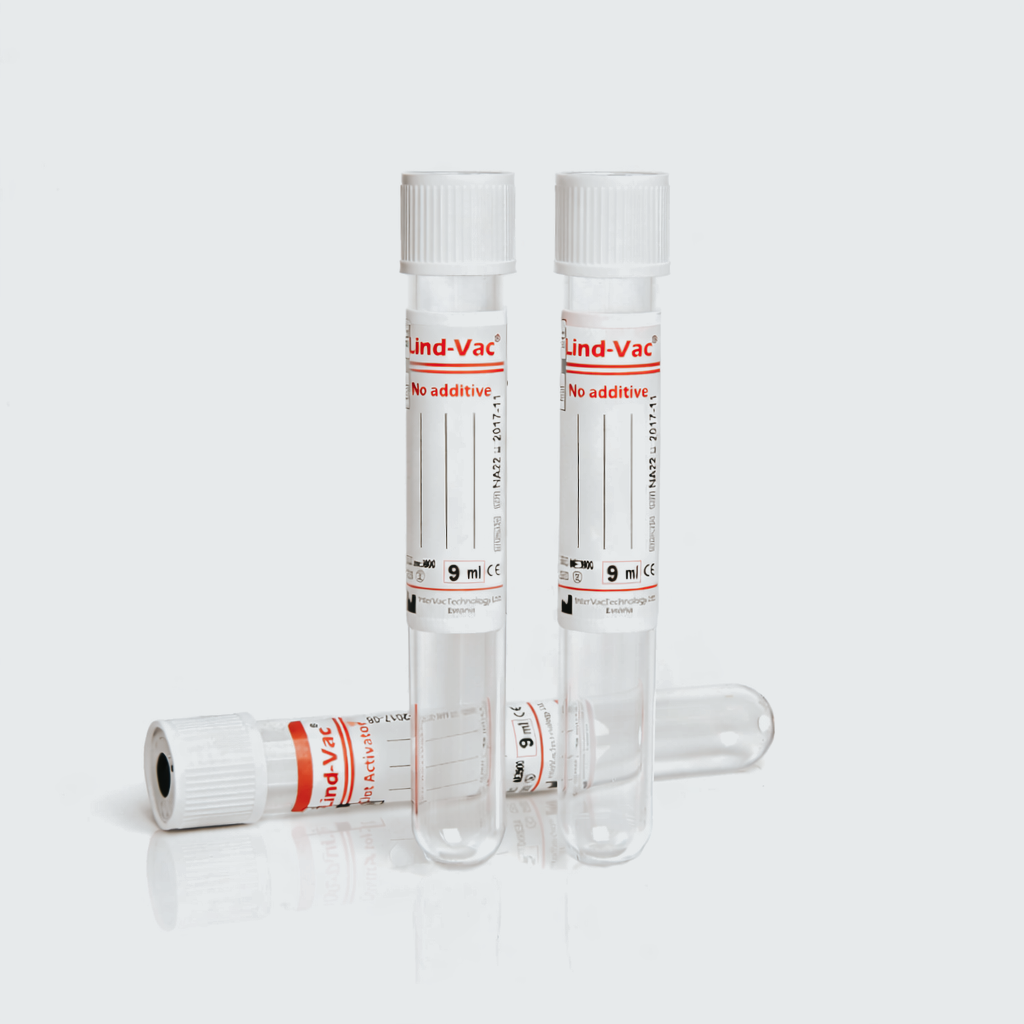 Вакуумна пробірка Lind-Vac® 13x100 мм, без наповнювача, 6 мл, біла або червона кришка, стерильна, етикетка з подвійним кодом